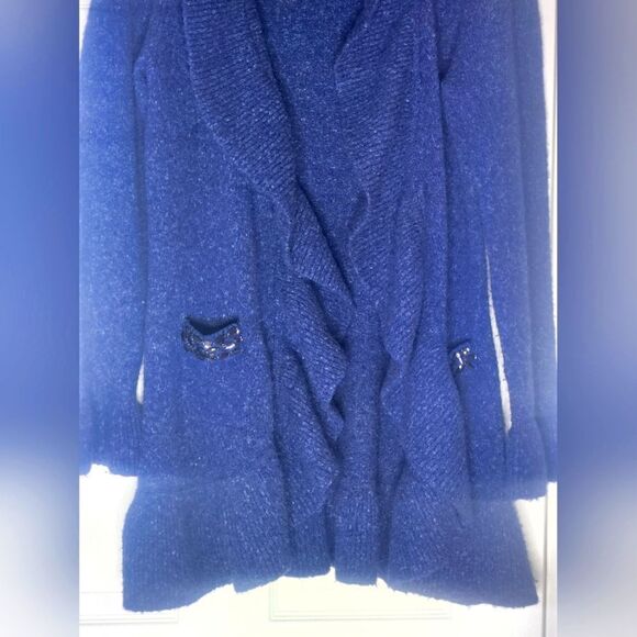 INC International Concepts L Navy Lngslv Ruffles WOOLBlendPockets Women Cardigan - Picture 4 of 10